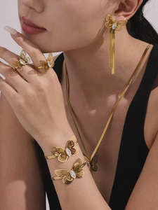 Detailed view of butterfly jewelry set featuring zircon accents on necklace and rings