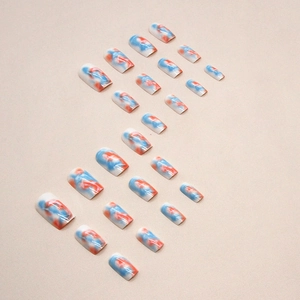 Medium square press-on nails with sunset blue and orange gradient marble watercolor design