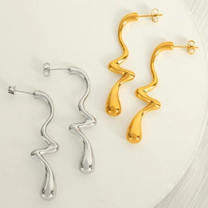 Stainless Steel Wavy Drop Earrings Irregular S-Shaped Liquid Metal Style Minimalist Abstract Jewelry Women Fashion Accessory