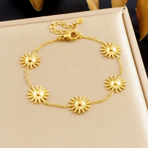 Polished gold sun pendant necklace and bracelet set in stainless steel for women