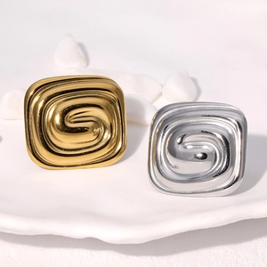 Rectangular Swirl Textured Stainless Steel Ring 18K Gold Plated Adjustable Open Geometric Fashion Jewelry For Women