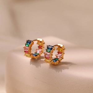 Rainbow baguette zircon hoop earrings in 18K gold plated brass for a colorful look
