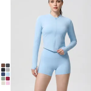 Women Yoga Long Sleeve Stand Collar Zipper Jacket And High Waist Slim Fit Tight Shorts Breathable Quick Dry