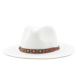 Detail of white straw hat featuring a brown faux leather band with turquoise beads