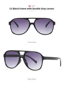 Front and side view of aviator sunglasses with black frame and grey gradient lenses
