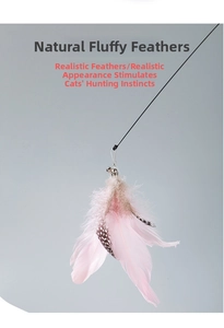 Detail of pink natural feathers and metal bell on the long wire cat toy wand