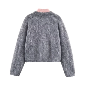 Women's dark grey knit jacket with pink collar and soft fuzzy mohair texture