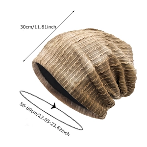 Unisex khaki tie-dye slouchy beanie hat showing 30cm length and 56-60cm head size