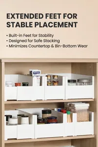 Stackable white plastic storage bins with raised feet for kitchen cabinet organization