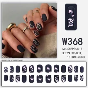 Matte black and pink leopard print press-on nail set with 24 pieces in AL13 shape