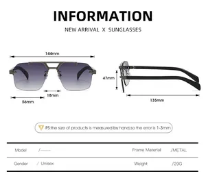 Detailed size chart for square rimless metal sunglasses with full frame measurements