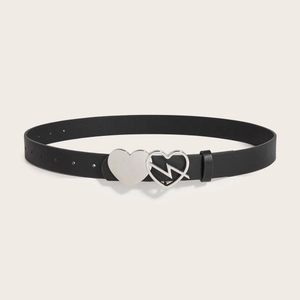Women's black leather belt with silver double heart buckle and lightning bolt accent
