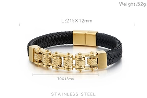 Detail of black woven leather bracelet with golden stainless steel bike chain link