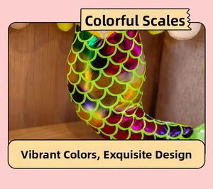Detailed view of colorful gradient sequins with scale texture on a mermaid plush doll