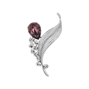 Elegant leaf-shaped crystal brooch with purple teardrop gemstone and silver alloy finish
