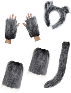 Detailed flat lay of grey leopard faux fur animal ears, paw gloves, and long tail set