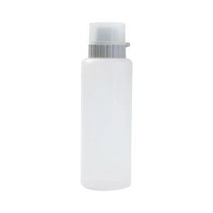 Translucent plastic squeeze bottle with grey 5-hole lid and clear capacity markings