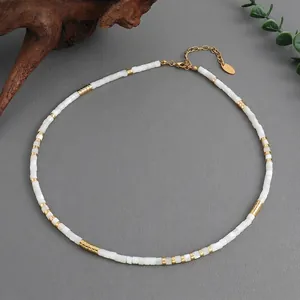 Minimalist White Shell Square Beaded Necklace Gold Plated Brass Elegant Handmade Choker Jewelry For Women
