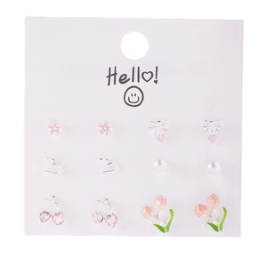 6-pair set of minimalist silver and pink cherry flower stud earrings on white card