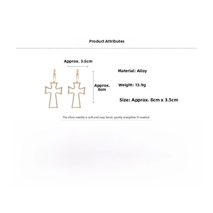 Detailed view of large hollow cross drop earrings with silver needle specs and size dimensions