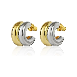 Polished two-tone gold and silver C-shaped double-layer stainless steel hoop earrings