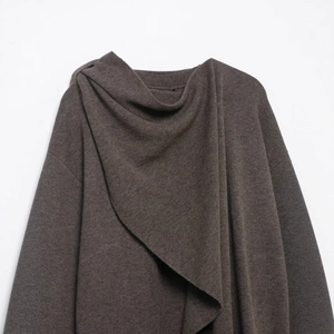 Knitted dark grey shawl collar cape cloak with long sleeves for women
