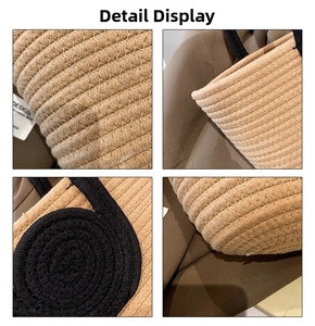 Close-up of contrast cotton rope woven tote bag with durable handles and design label
