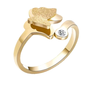 Bague ajustable papillon dorée pour femme avec finition mate et pierre de zircon brillante