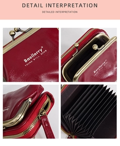 Detailed macro view of red pebbled leather card holder with kiss-lock and zipper