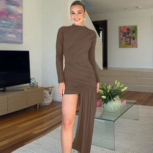 Detail of the brown ruched mini dress with asymmetric draping and long sleeves