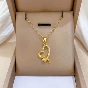 Heart Pendant Necklace With Stainless Steel Chain And Copper Zircon Flower Bowknot Elegant Clavicle Chain Jewelry For Women