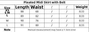 Detailed size chart for the pleated midi dress with belt including XS to L measurements