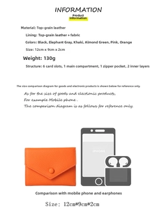 Detailed spec sheet of slim orange leather wallet showing size comparison with smartphone