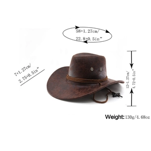 Brown faux leather cowboy hat dimensions: 58cm head girth, 7cm brim, 12cm height