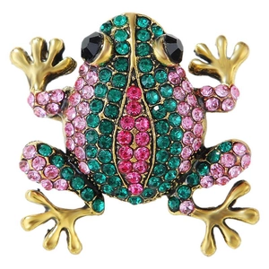 Broche grenouille tendance avec strass verts et détails roses sur base en métal doré