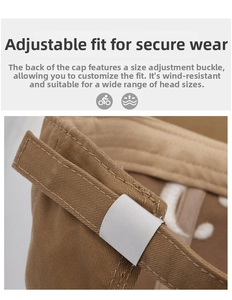 Detail of brown cotton baseball cap with adjustable metal slider buckle at the back