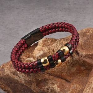 Men's double-layer red braided leather bracelet with stainless steel gold beads