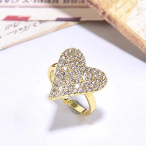 Detail view of gold heart ring with colorful zircon pave setting and 17mm size marking