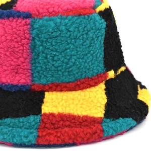 Winter warm checkerboard plush bucket hat in colorful faux lamb wool patchwork design