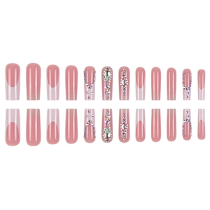 Pink long coffin press-on nails with French tips and sparkling rhinestones 24pcs set