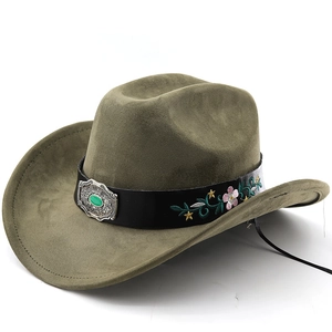 Olive green suede western cowboy hat featuring floral embroidery and turquoise belt