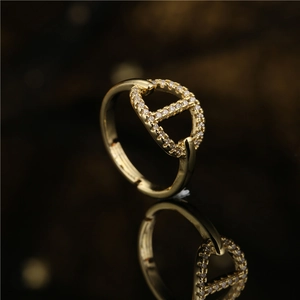18K gold plated copper pig nose ring with micro-paved zircons and adjustable open design