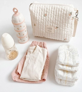 Flat lay of quilted cotton nursery bag with floral embroidery and baby essentials