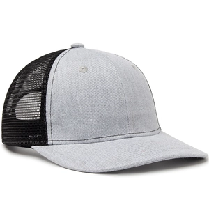 Classic grey and black trucker hat with mesh back and curved brim for outdoor sun protection