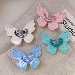 Sweet butterfly hair clips with LOVE heart resin and rhinestones in four soft colors