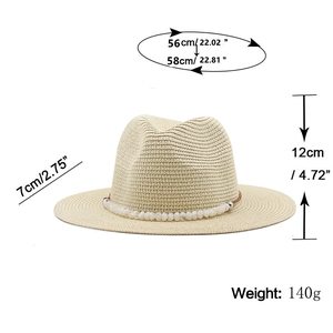 Beige woven straw sun hat with shell bead band for outdoor travel and sun protection