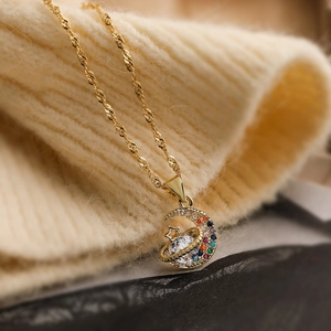 Elegant 18K gold plated moon and star pendant necklace with colorful zircon stones