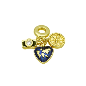 Gold travel charm with camera, compass, and blue enamel heart map for bracelets
