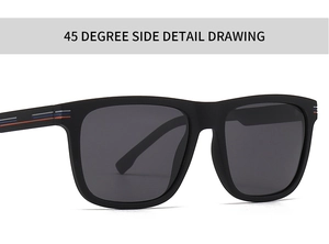 Detailed 45-degree side view of matte black sunglasses with iconic tricolor stripe accents