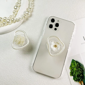 Elegant pearl flower phone grip with irregular transparent frame and 3D floral details